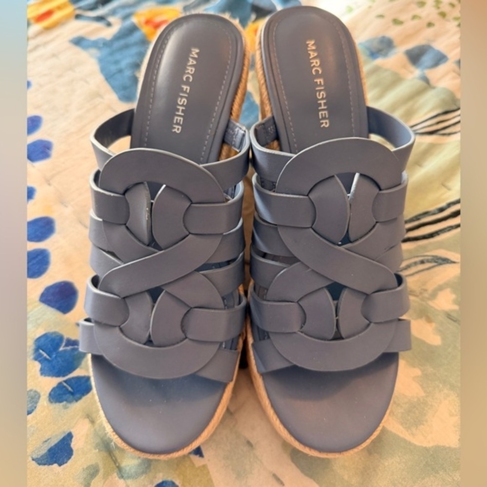 MARC FISHER 7.5 Cazzie Blue Woven Espadrille Platform Wedges NEW